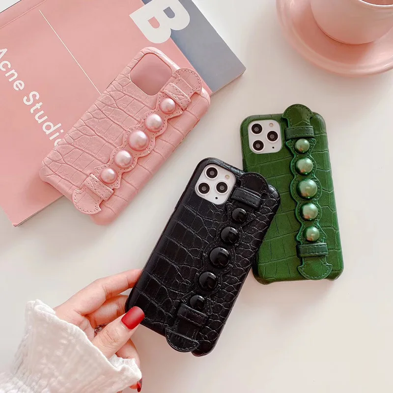 Luxury Crocodile Pattern PU Phone Case Cover for iPhoneX XS XR XSMAX 7 Plus with pearl Strap iphone11 11pro Max | Мобильные телефоны