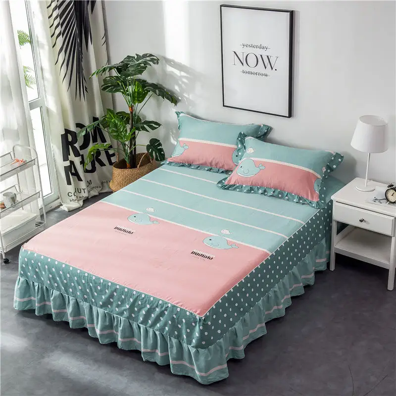 Green and white striped cotton single double bed skirt printed bed cover cartoon sheets bedding set