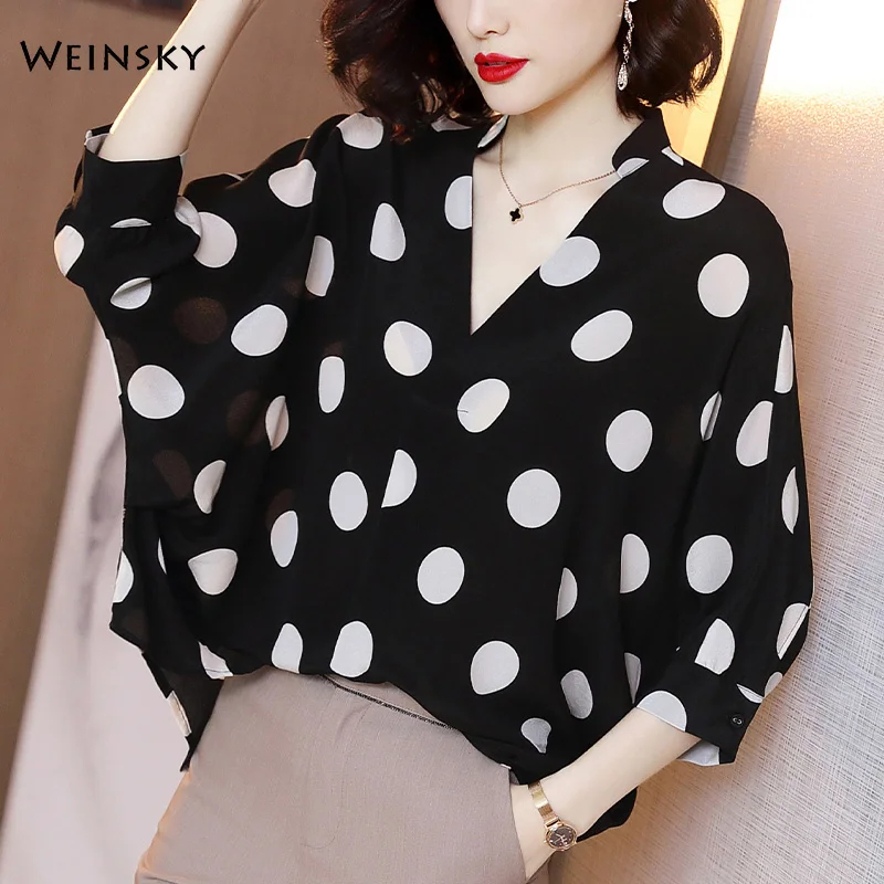 

2019 New Autumn Women Polka Dot Batwing Sleeve Blouse Female Black Casual Tops And Shirt