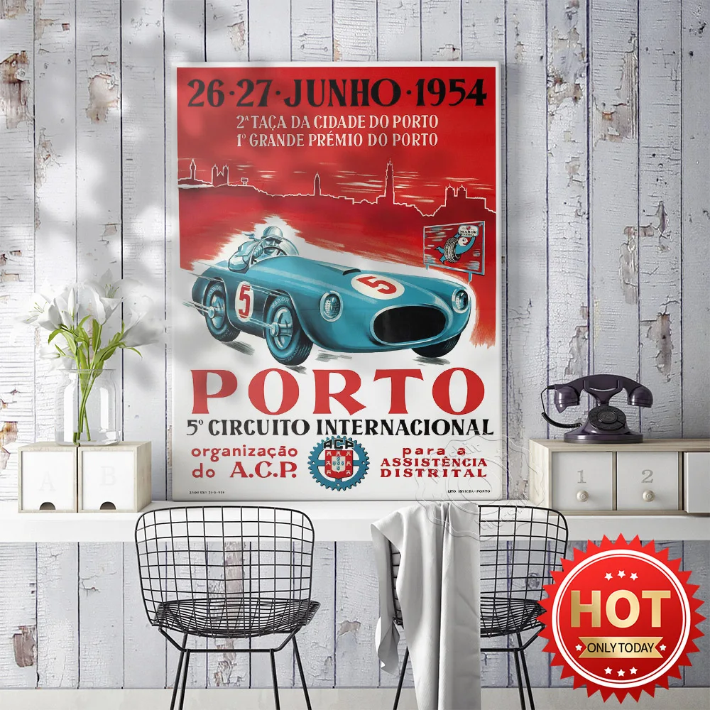 

1954 Porto Internationale Curcuit Motor Racing Vintage Art Poster, Boys Room Retro Blue Colour Racing Picture Decor Prints, Club