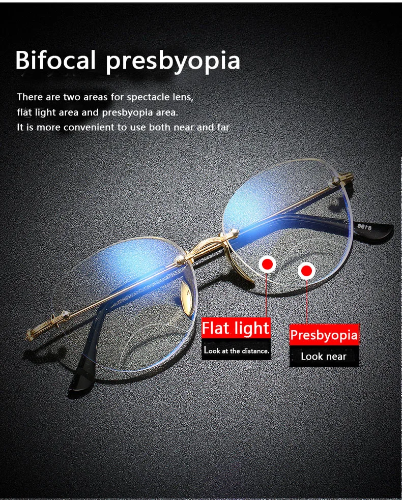

Presbyopia rimless diamond cutting dual purpose ultra clear anti fatigue fashion double light round frame mirror Lin Yaodong