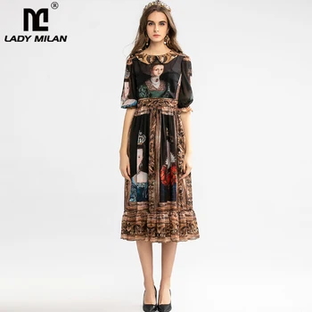 

Women's Runway Dress Peter Pan Collar Half Sleeves Vintage Printed Ruffles Casual Designer Mid Calf Dress