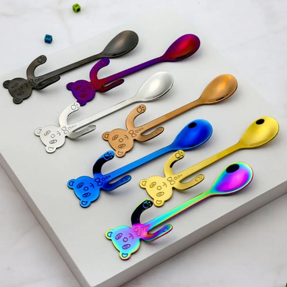 Creative Cartoon Cute Bear Spoon Stainless Steel Coffee Spoon Hanging Cup Spoon Long Handle Spoons Kitchen Gadget