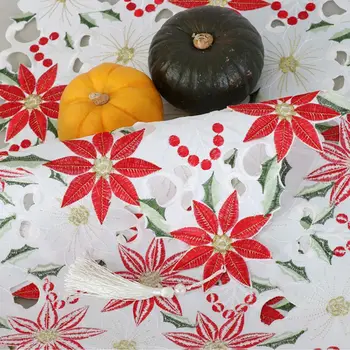 

Christmas Embroidered Table Runners Poinsettia Holly Leaf Table Linens 16 x 70in 634E