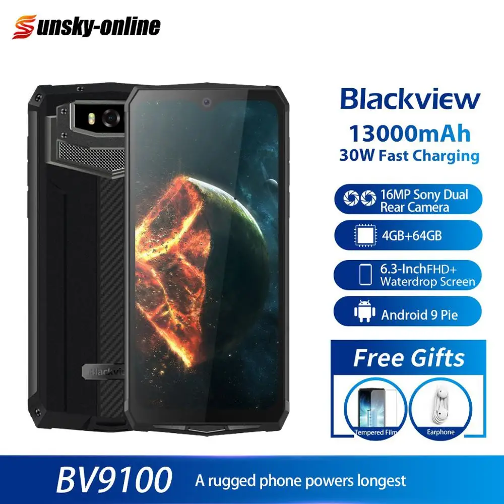 

Blackview BV9100 IP68 Waterproof Smartphone 6.3'' FHD+ 13000mAH 4GB+64GB 16MP+16MP Dual Grobal 4G 30W Fast Charging Mobile Phone