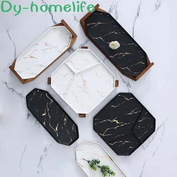 

Ceramic Dinner Plate Nordic Black and White Gold Marble Pattern with Wooden Bracket Dinner Plate Tray Fan Home Kitchen Supplies
