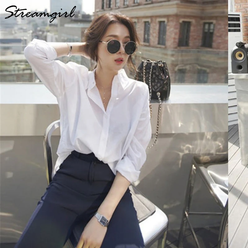 Streamgirl Loose White Shirt Women Spring Autumn Casual Loose White Blouse For Women Cotton Boyfriend Shirts Long Sleeve Tops 3