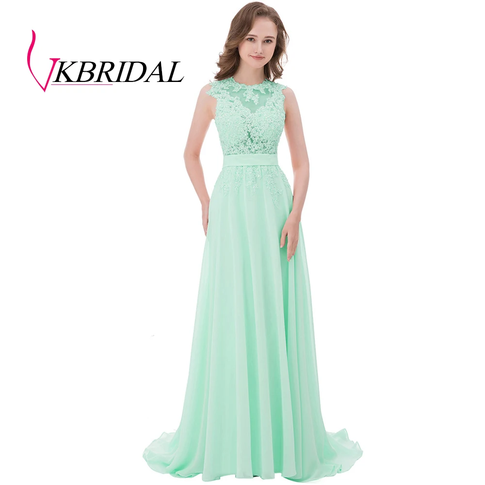 mint green VKBRIDAL длинные платья подружки невесты розовые шифоновые аппликационные кружева бисером возлюбленной отвесный лиф Формальные платья свадебное платье для гостей - Цвет: mint green
