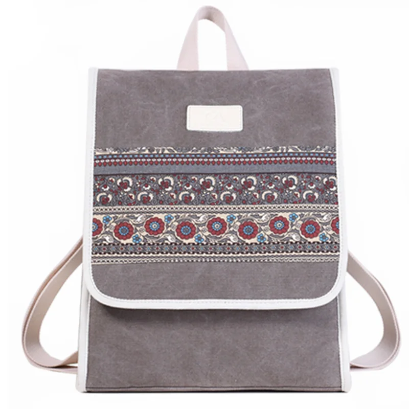 

ABZC-Canvas Backpack Retro Style College Bookbag Female Laptop Backpacks Floral Printed Travel Daypack Bags