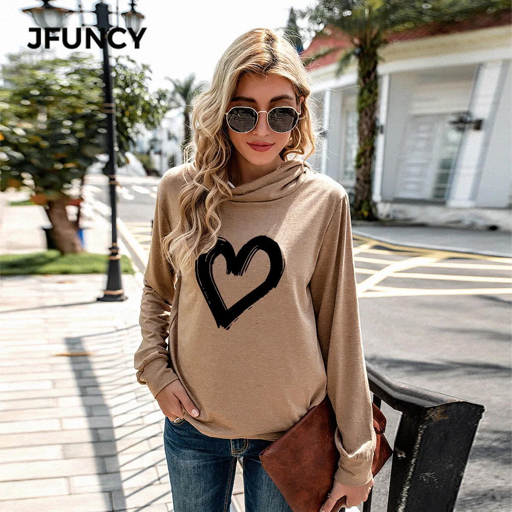 

JFUNCY Spring Autumn Female Long Sleeve Pullover Plus Size Women Hoodies Love Heart Print Woman Hooded Sweatshirt