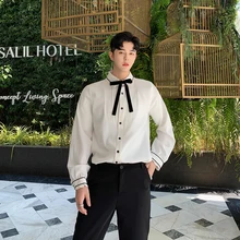 Мужская винтажная модная плиссированная галстук-бабочка с длинным рукавом Повседневная рубашка мужская женская уличная хип хоп вечерние рубашки