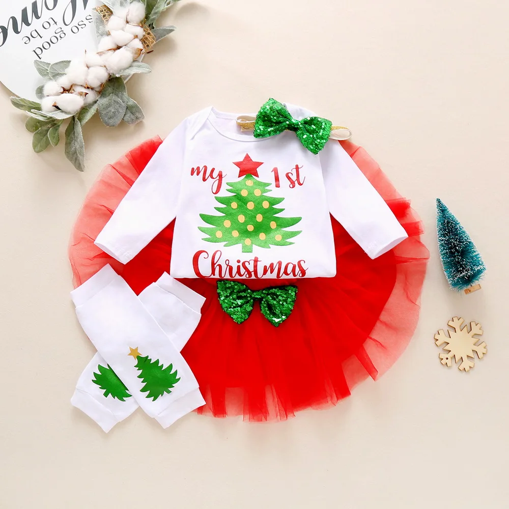 

4Pcs My 1st Christmas Newborn Baby Girls Christening Clothes Sets Cartoon Print Romper Tops Lace Tutu Skirt Headband Outfits D30