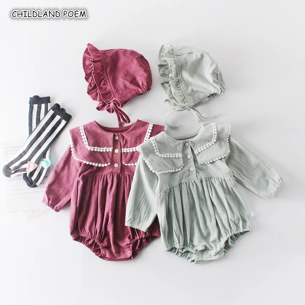 

Baby Girl Clothes Autumn Newborn Baby Romper Girl Jumpsuit With Hat Lace Ruffle Baby Girl Romper 100% Cotton Infant Baby Clothes