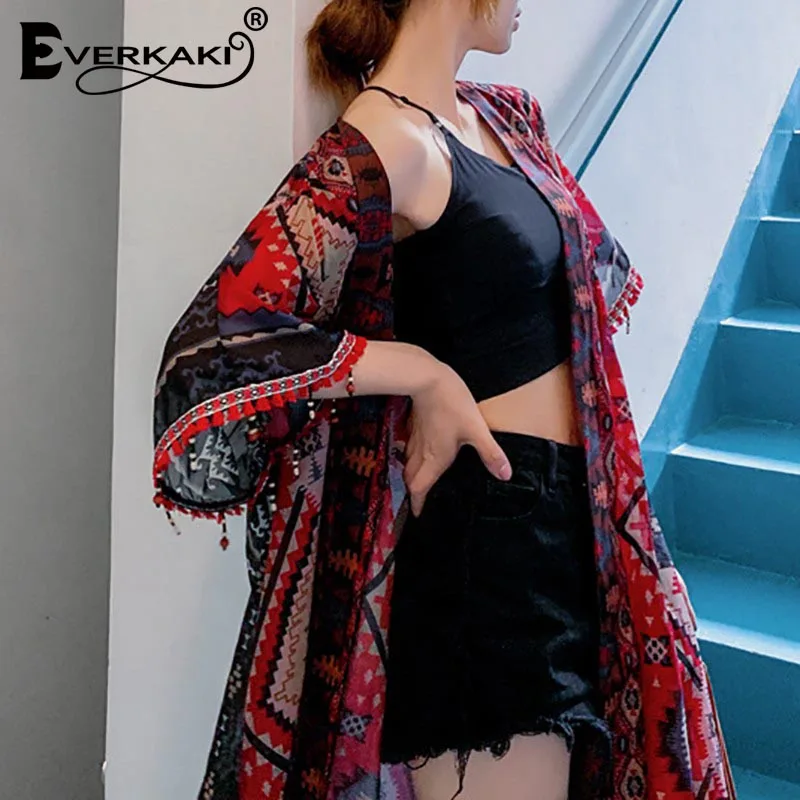 Everkaki пальто-кимоно для женщин Бохо цветочный принт кисточки пляж цыганские Дамы Винтаж длинное пальто кимоно для женщин Лето Новинка