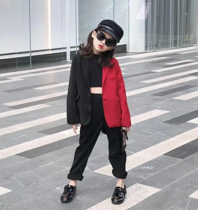 red Новые Модные осенние Лоскутные костюмы красного цвета пальто с длинными рукавами для мальчиков и девочек+ штаны комплекты из 2 предметов модельная одежда для выступлений - Цвет: red