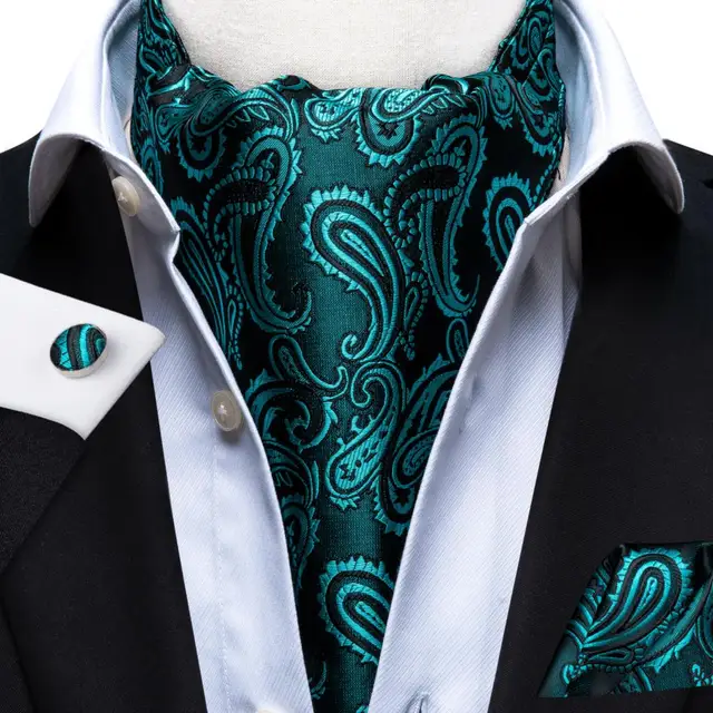 Hi-Tie Silk Men's Ascot Tie Pocket Square Cufflinks Set Cravat Ascots Scrunch Self British Style Gentleman Dress Scarves Party AS-1029