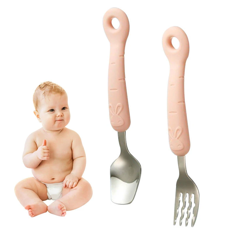 

304 SS Baby Training Spoon Fork Set Safety Stainless Steel Feeding Flatware Cartoon Kid Feeder Utensils Feed Spoon Tableware