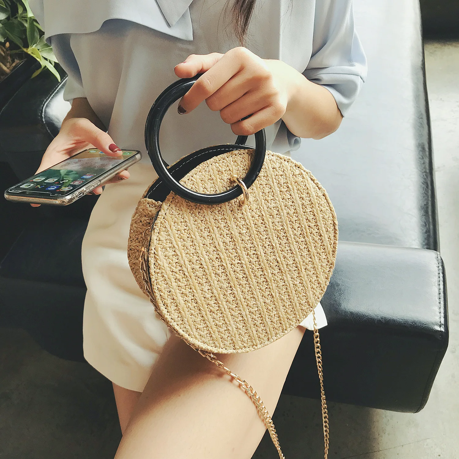 

2019 New Style Fashion Circle Straw Bag Shoulder Portable Shoulder Bag Rattan Bag Weaving Chain Small round Bag Foreign Trade