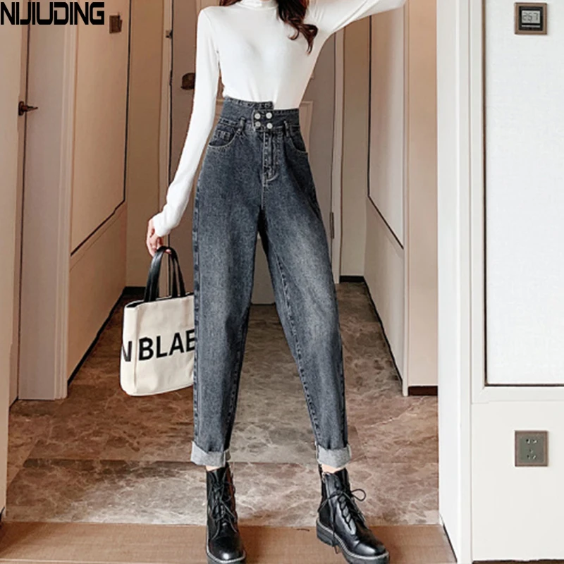 

NIJIUDING 2020 New Women's Jeans High Waist Jeans Solid Harem Pants Loose Casual Office Lady Denim Long Trousers Pantalon Femme