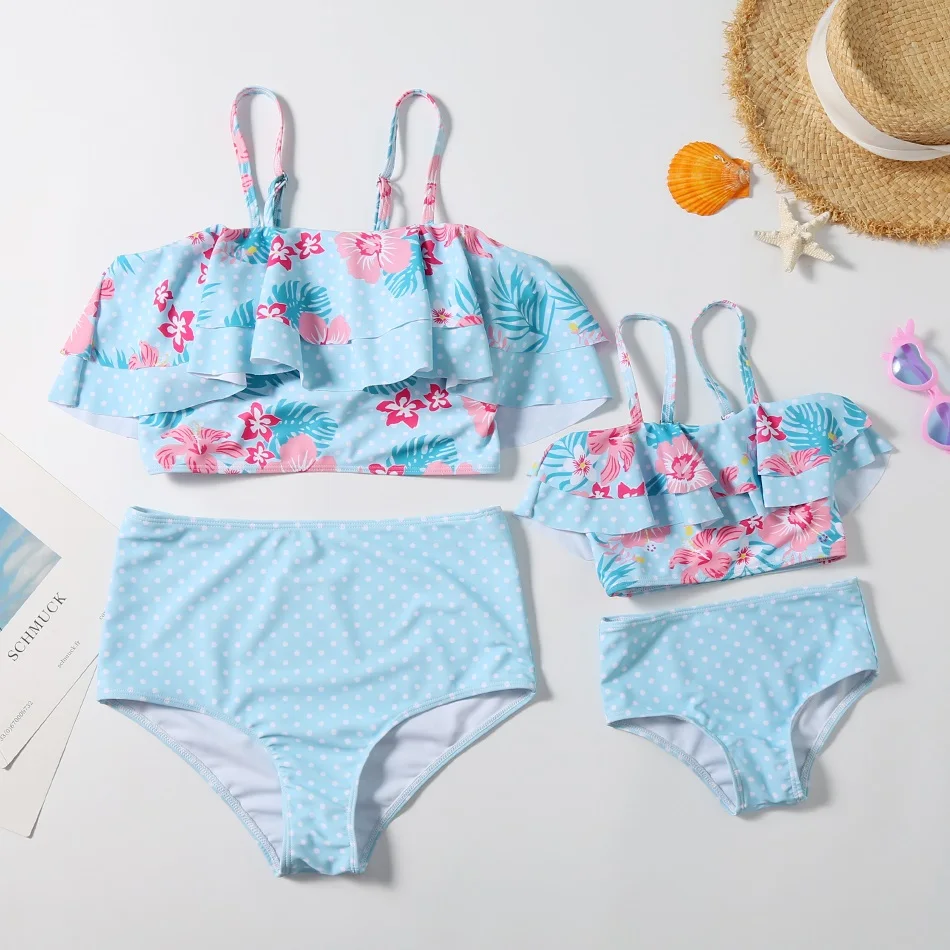 

Tank Ruffled Mother Daughter Swimsuits Family Look Mommy and Me Matching Swimwear Clothes High Waist Mom Mum Baby Bikini Dresses