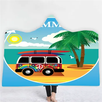 

Summer Surf Bus Painting Print Hooded Blanket For Adults Kids Summer Landscape Blankets Travel Camping Portable Hooded Blanket