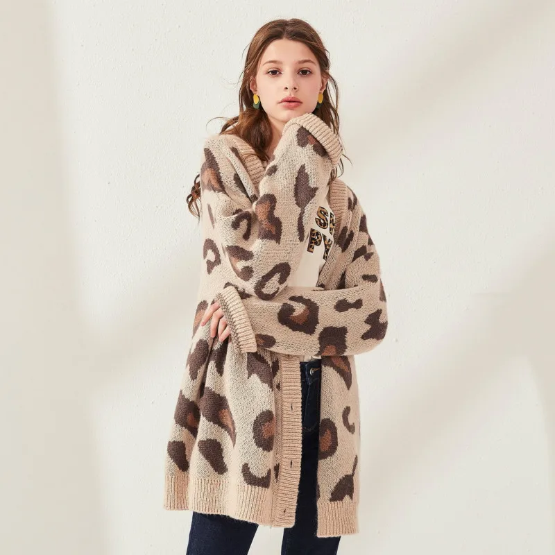 

SVOKOR Warm Cardigan For Women Sexy Leopard Print Long Cardigan Trend Autumn Women's Knitted Sweater