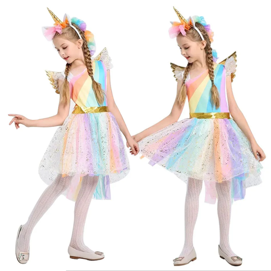 Girls Rainbow Unicorn Dress Cosplay Angel Prom Costume Kids Tutu Princess Lace Dresses Hair Hoop Wing Set Party Halloween | Детская