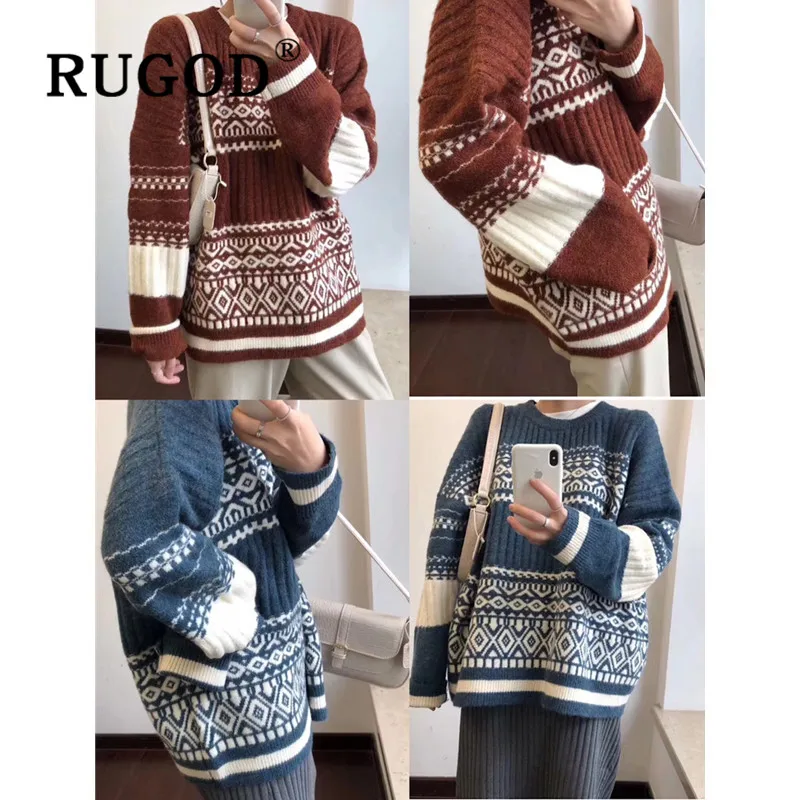 RUGOD, корейский стиль, винтажный свитер с круглым вырезом, женский цветочный узор, длинный рукав, плюс размер, Свободные повседневные дамские свитера, пуловеры