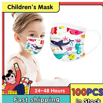 

Fast Shipping 100PCS Ocean series Children's mask Disposable Face Mask Industrial 3Ply Ear Loop Facemask For Kids With Cartoon