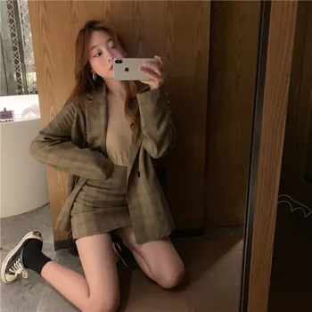 

Korean Chic Fashion Spring Autumn Short Suit Jacket Vintage Two-Piece Suit OL Office Women'S Suits Casual Loose Plaid Sets 2020