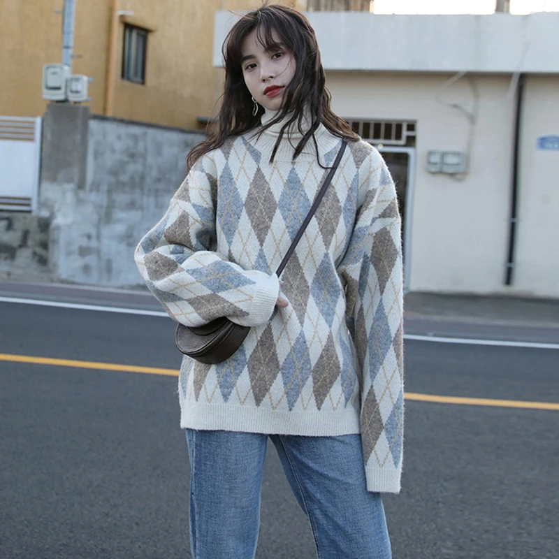 

2019 Women Pullover O-neck Geometric Knitted Sweater Casual Winter Knitted Warm Jumper Long Sleeve Female Sweater Loose Pullover