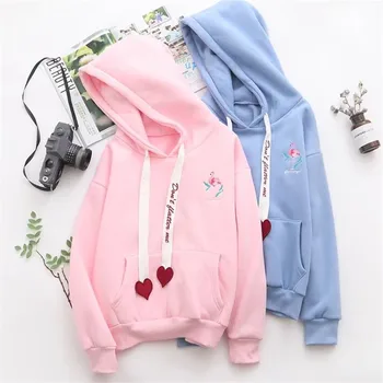 

Autumn Winter Plus Velvet Embroidered Hoodie Loose Cute Girl Pullover Drawstring Hooded Casual Hooded Fashion Women's Sweatshirt