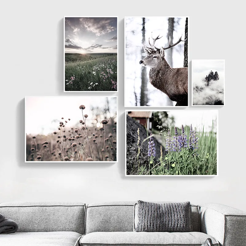 Deer Flower Grass Sunset Landscape Picture Nature Scenery Scandinavian Poster Nordic Style Print Wall Art Canvas Painting