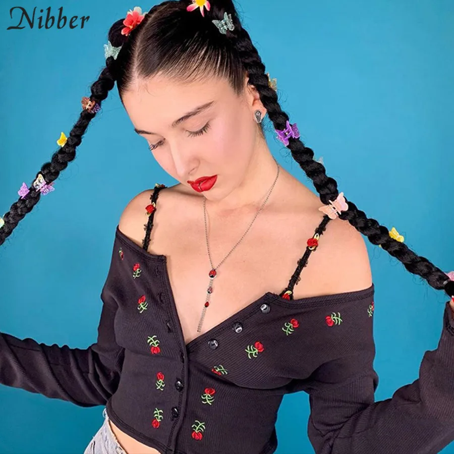

Nibber autumn Harajuku Knit cardigan embroidered tops women T-shirts 2020 spring fashion new black high street casual tee shirts