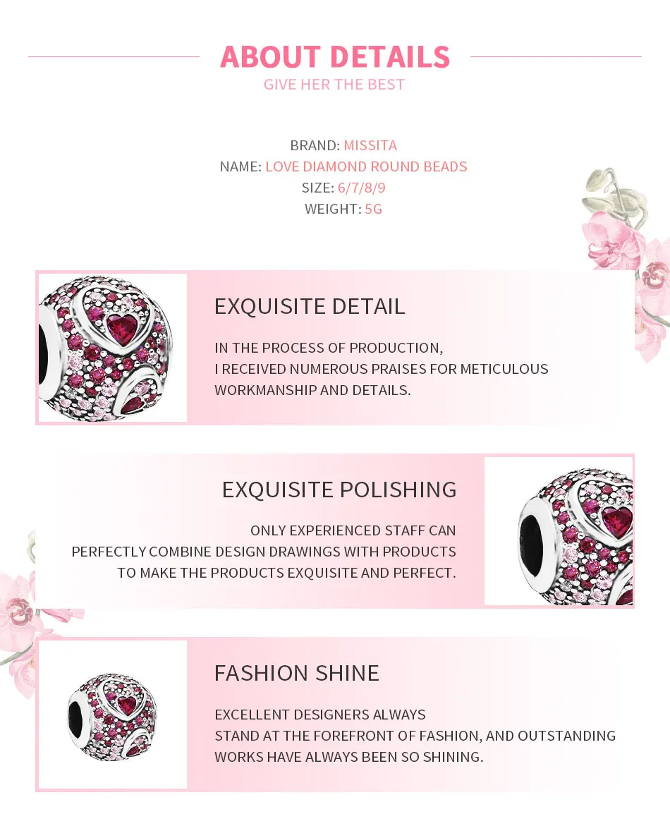 MISSITA New Fashion Love Heart Red Crystal Charm fit Pandora Charm Bracelet DIY Jewelry Women Jewelry Accessories Gift
