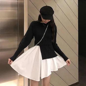 

Fake Two Pieces Knitted Sweater 2019 Autumn Fashion Women Irregular Hem Patchwork Sweater