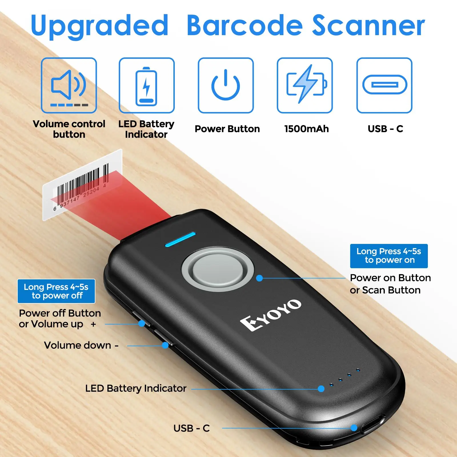 Eyoyo Mini 1D Barcode Scanner Bluetooth & 2.4GHz Wireless & Wired Connection Portable Bar code Reader For Windows/Phones/Tablets