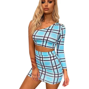 

Summer Fashion Women Elegant Unilateral Long Sleeve Plaid Short T-shirt Top Mini Package Hip Skirt Suit