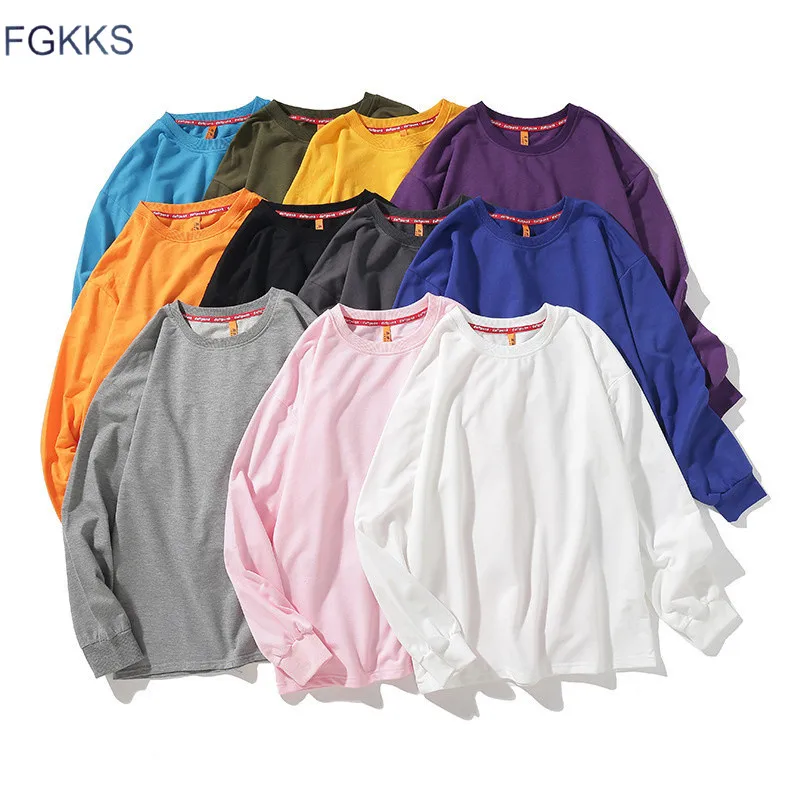 FGKKS, качественная брендовая мужская Однотонная футболка, повседневная мужская футболка с круглым вырезом, Мужская простая футболка с длинным рукавом, топы