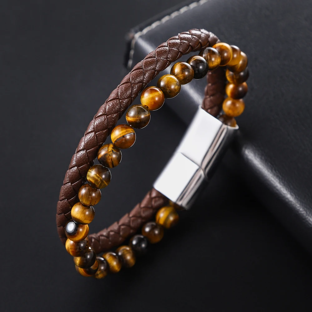 Men Yellow Tiger Eye Bracelet Many Styles Stainless Steel Magnetic Clasp Brown Genuine Leather Wrist Jewelry Handsome Boy Gifts - Image 5