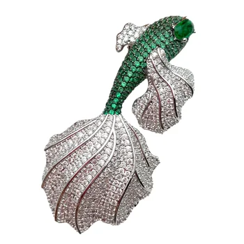 

Clear and Green Cz Goldfish Pin Pendant in White Gold Plated Brooch