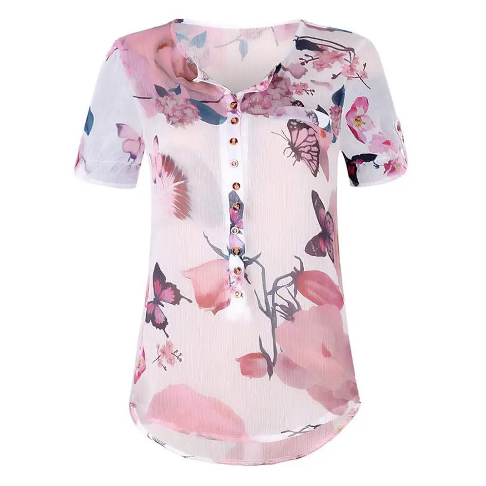 Прямая поставка, хит, Женская Повседневная летняя шифоновая рубашка на пуговицах с цветочным принтом размера плюс, блуза с асимметричным подолом, Ropa de mujer - Цвет: Blue