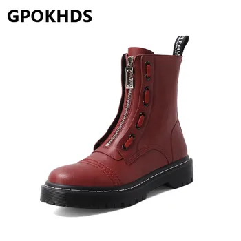 

GPOKHDS 2021 women Ankle boots Cow leather Winter short plush Round Toe Zipper Med heels female Riding boots size 39