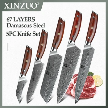 

XINZUO 5 Piece Set Kitchen Knife Set High Carbon VG10 Damascus Stainless Steel Japanese Style Chef Bread Paring Santoku Knife