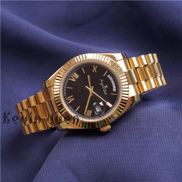 Gold Black Роскошные брендовые новые мужские часы на день рождения, цвета: розовое золото, серебристый, черный, зеленый, автоматические механические часы из нержавеющей стали с сапфиром, часы на день и дату - Цвет: Gold Black