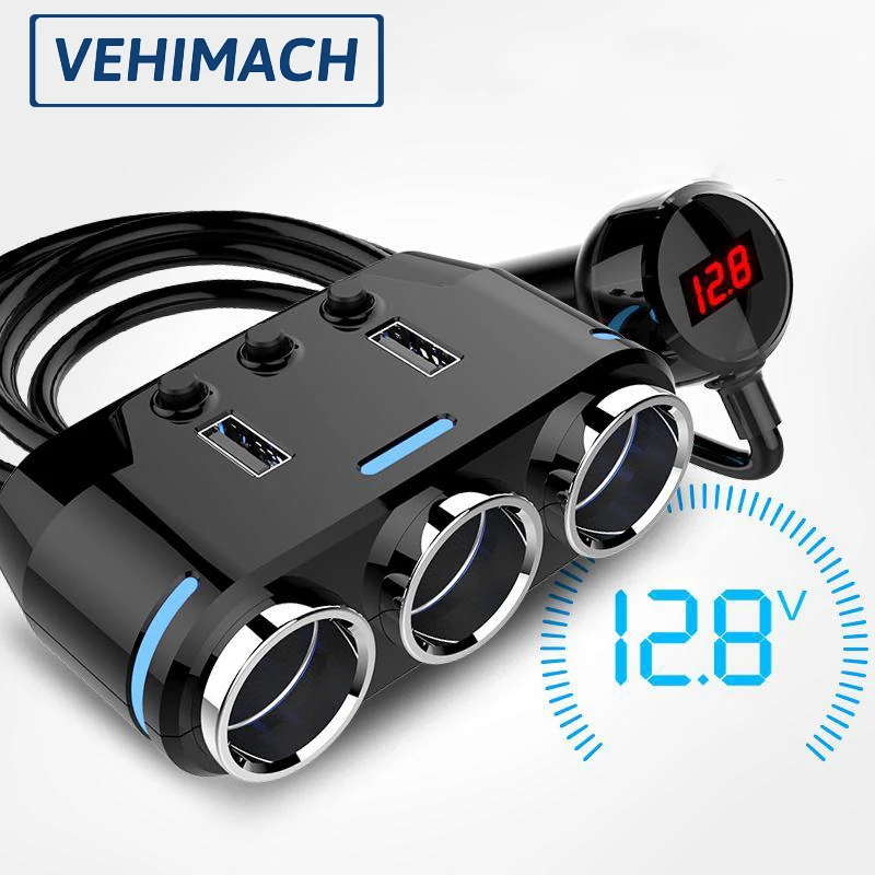 

LCD Display Car Cigarette Lighter 12V 24V Dual USB Charger Splitter Plug 3 Sockets Phone Adapter Auto Electronic Car Accessories