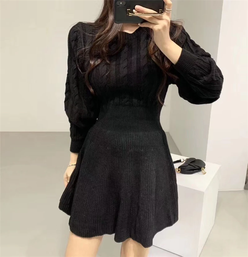 Fashion Autumn Winter Knitted Dress Women Twist Pattern Pleated Dress Elegant Solid Lantern Sleeve Tunic Sweater Dress Vestidos