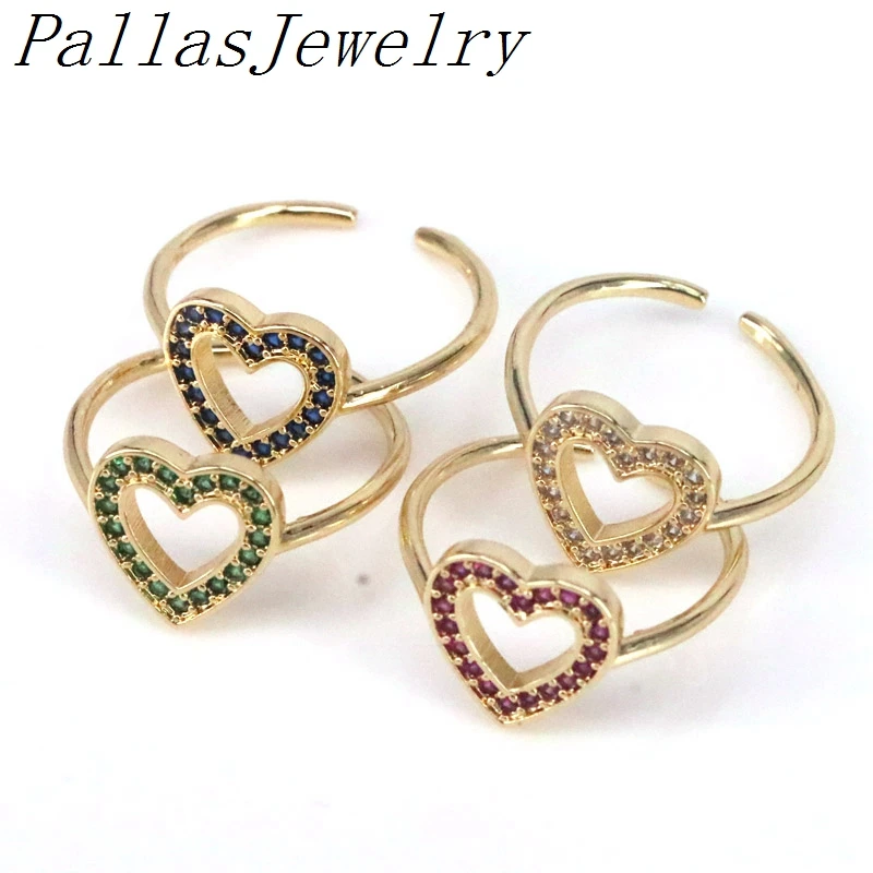 

10Pcs Handmade Pave Crystal Zircon Heart Adjustable Brass Copper Ring Women Jewelry