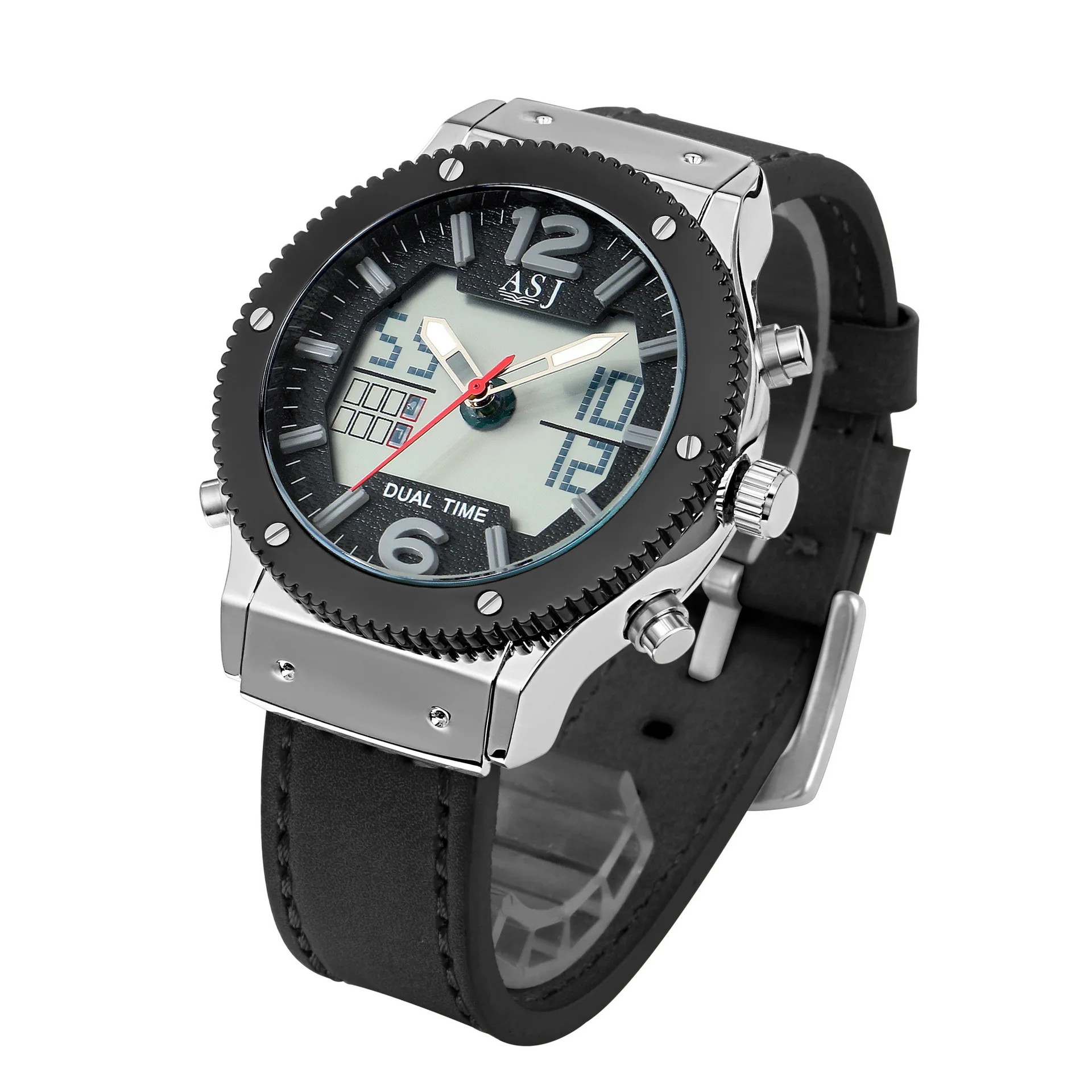 

ASJ Watch Multi-functional Waterproof B131 Dual Display Silica Gel Dial Date Seconds Night Light Hands