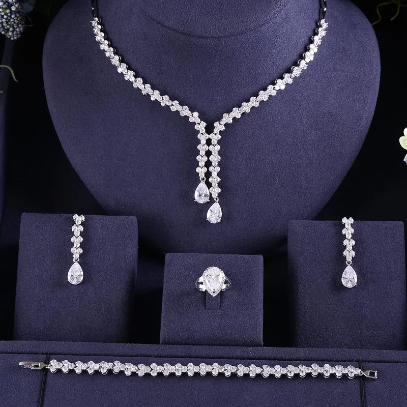 Роскошные ААА кубического циркония тяжелое ожерелье, висячие серьги, браслет и кольцо 4 шт. Дубай полный Свадебный комплект ювелирных изделий для женщин